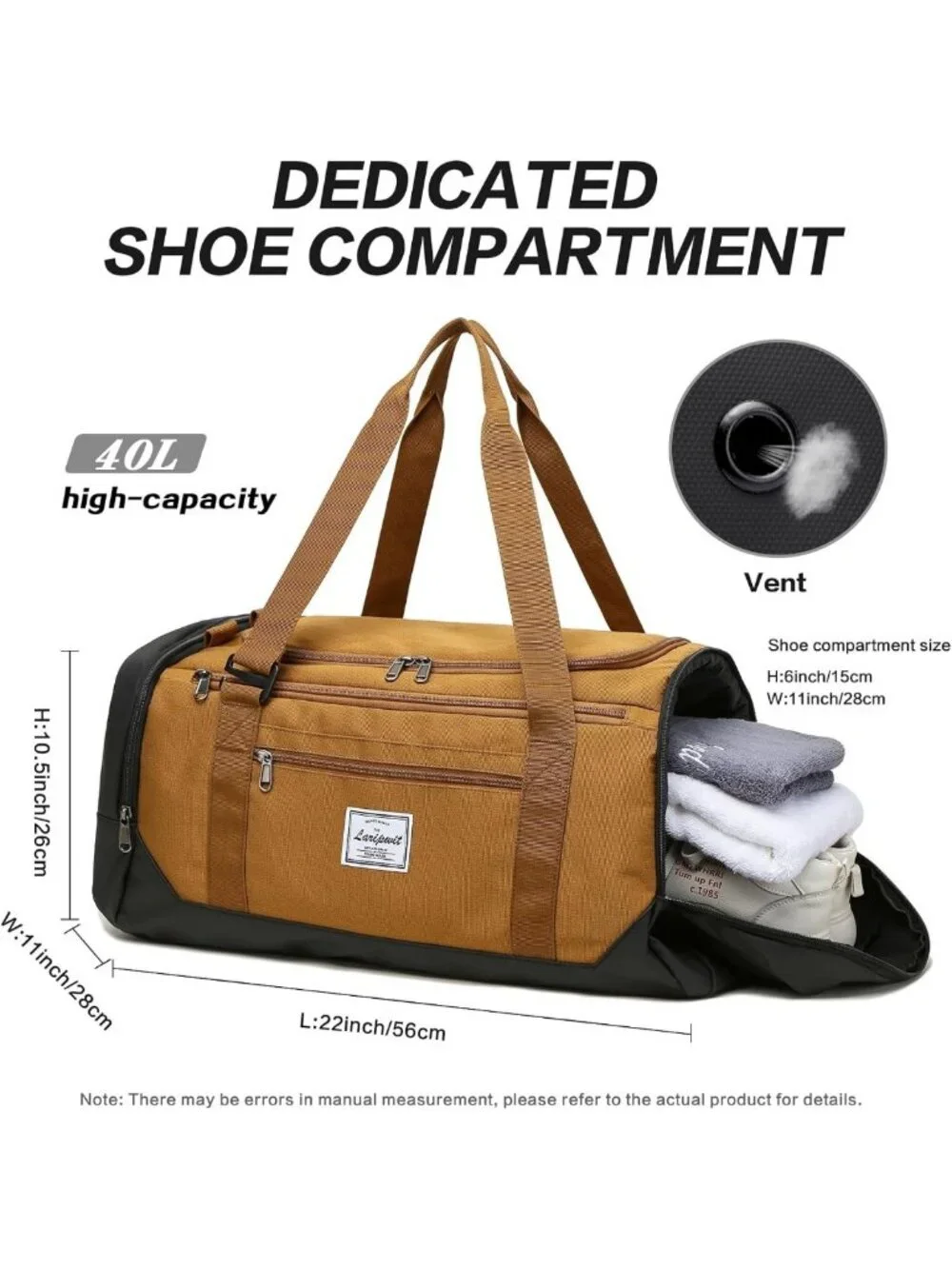 Spacious 40L Travel Duffle Bag with Wet Pocket & Shoe Compartment - Gym